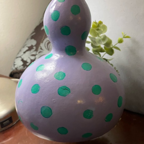 Hand crafted painted dried gourd planter purple aqua blue dots faux succulents - Picture 11 of 16